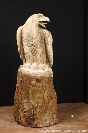 Hand Carved American Eagle Birds Prey Statue Wood